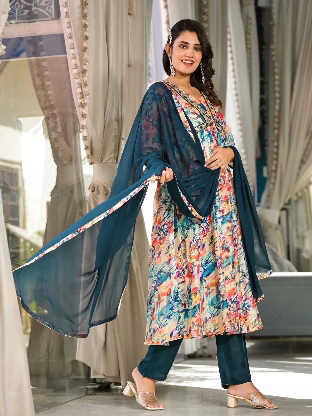 Odette Multicolor Printed Georgette Stitched Kurta Set For Women