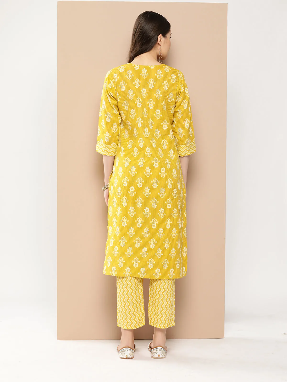 Odette Mustard Cotton Stitched Kurta Set for Women