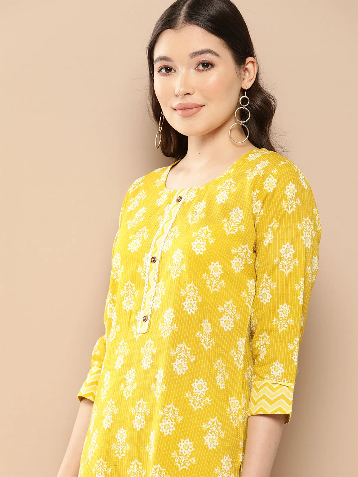 Odette Mustard Cotton Stitched Kurta Set for Women