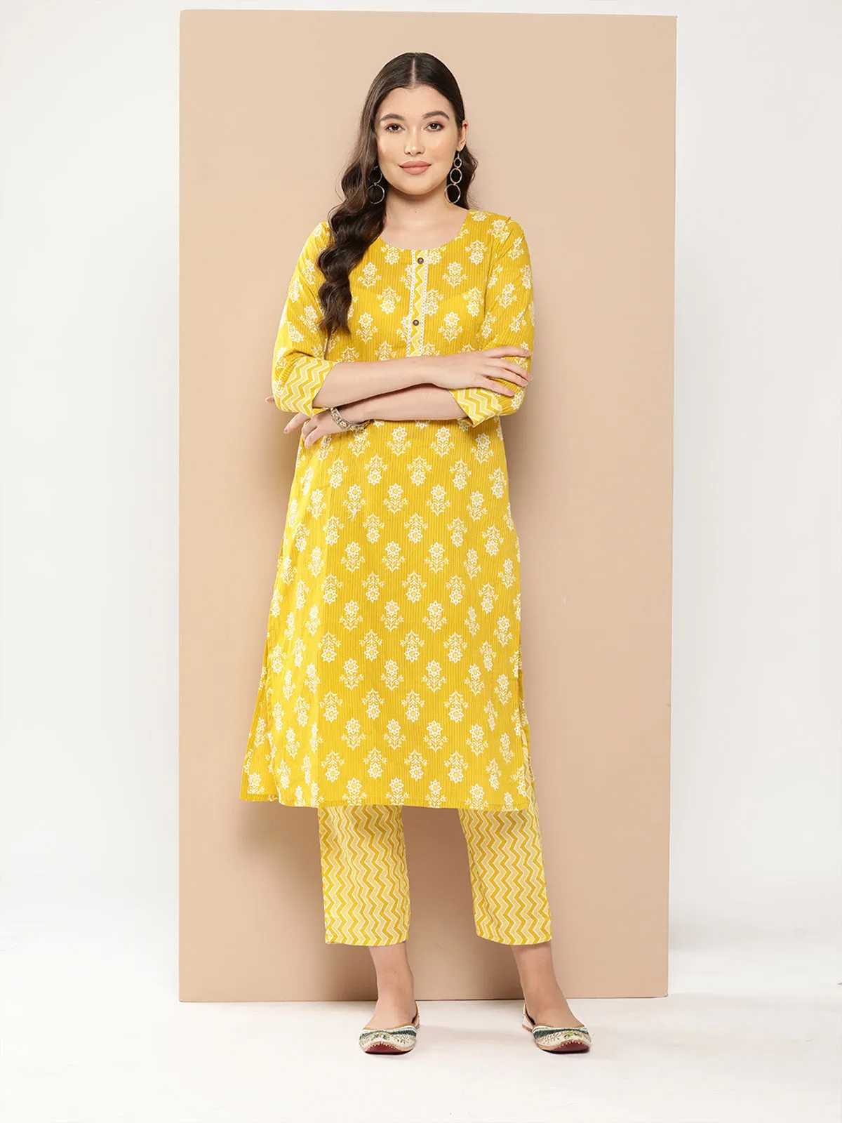 Odette Mustard Cotton Stitched Kurta Set for Women