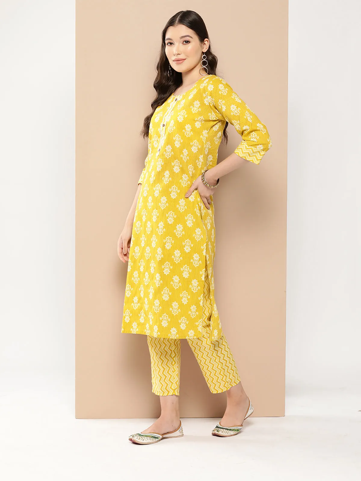 Odette Mustard Cotton Stitched Kurta Set for Women