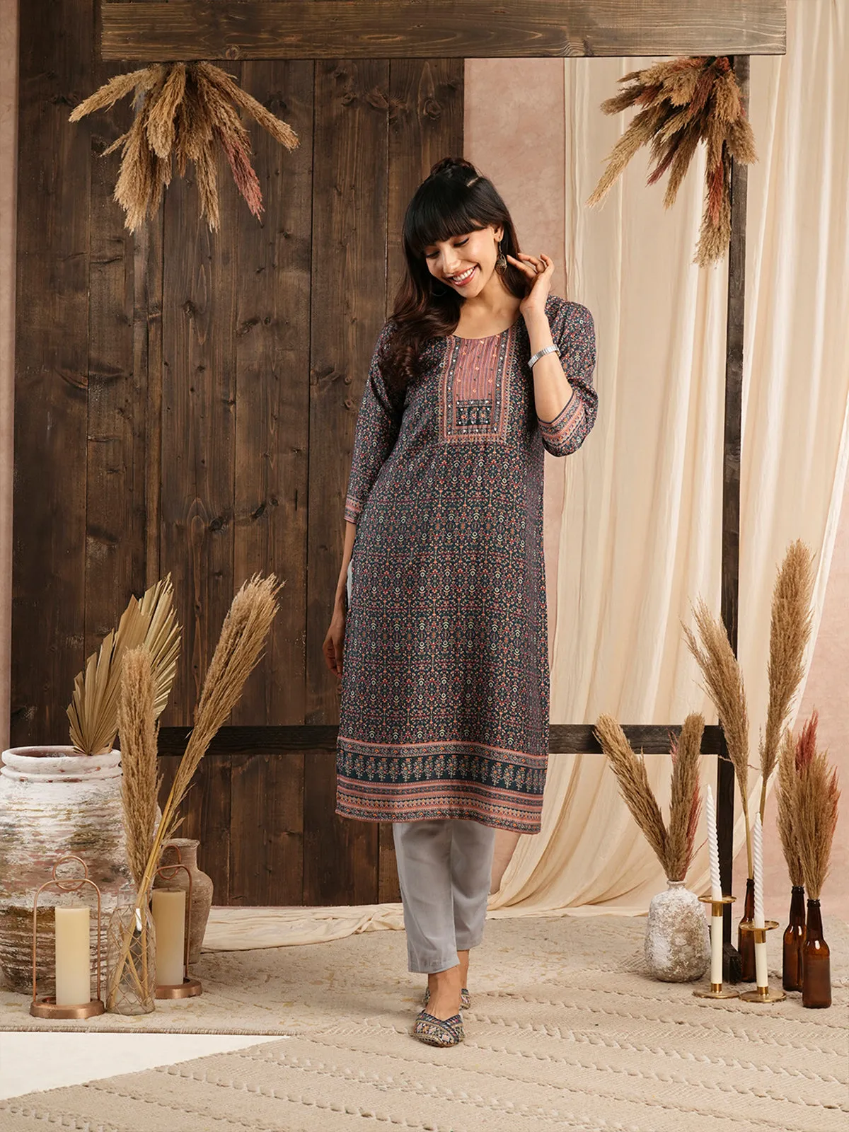 Odette Navy Blue Muslin Printed Stitched Kurta for Women