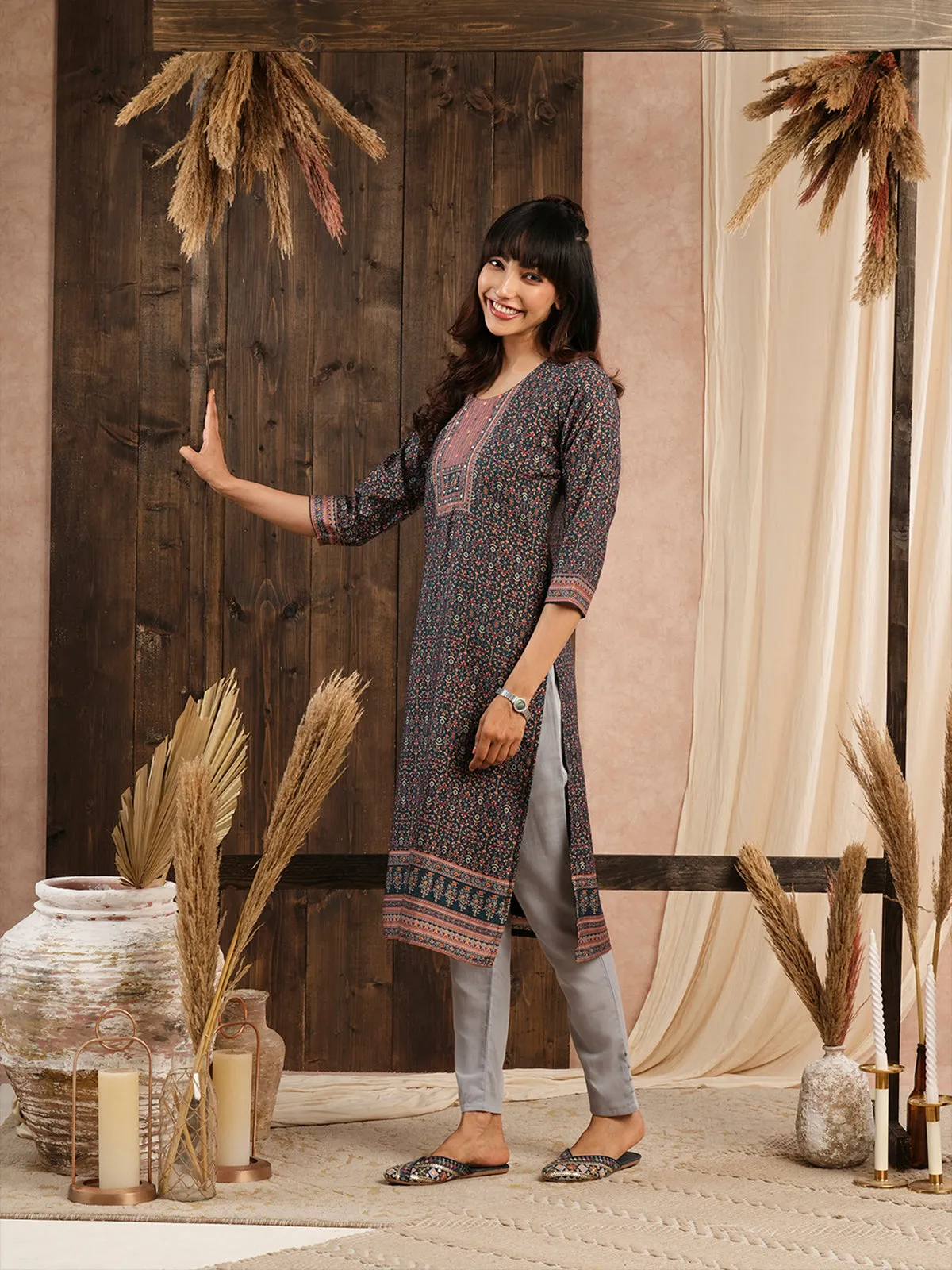 Odette Navy Blue Muslin Printed Stitched Kurta for Women