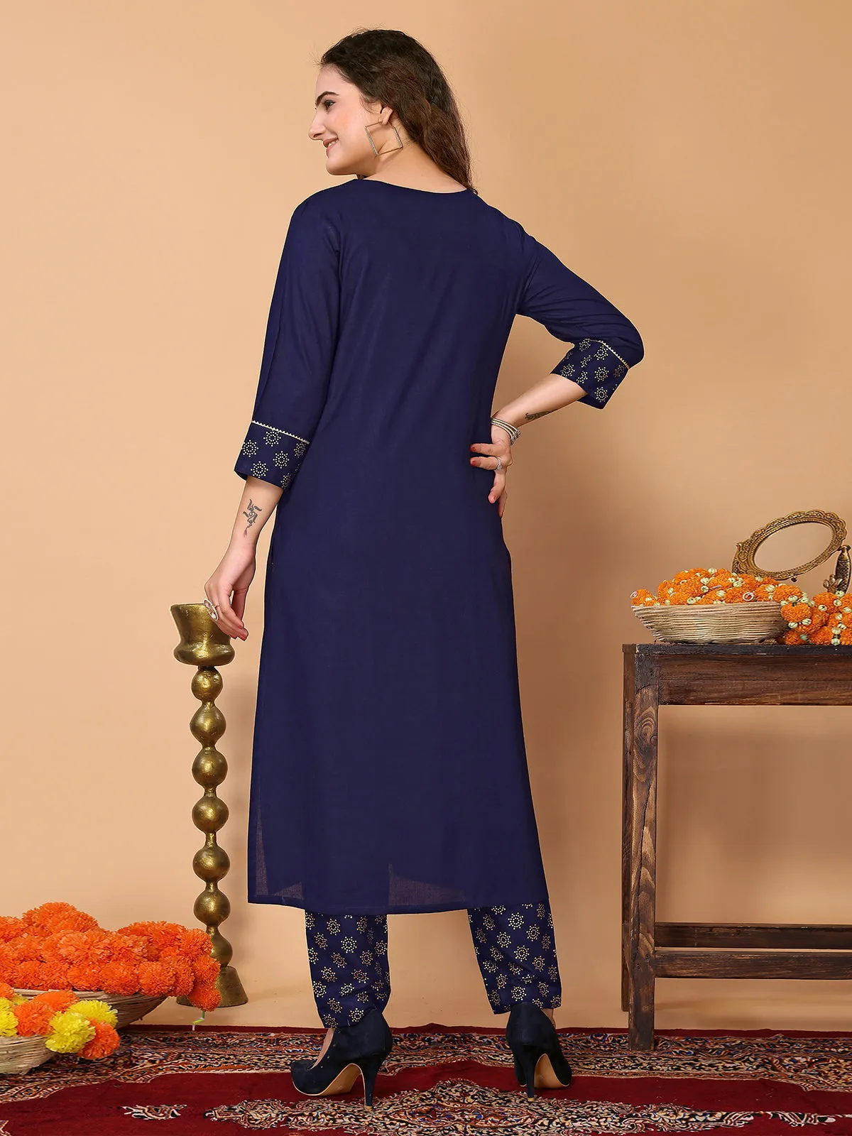 Odette Navy Blue Rayon Solid Straight Kurta Set For Women