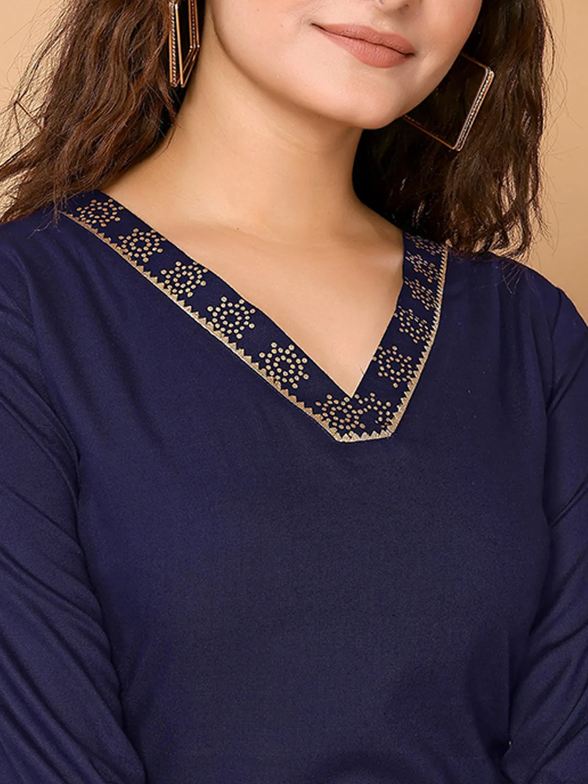 Odette Navy Blue Rayon Solid Straight Kurta Set For Women