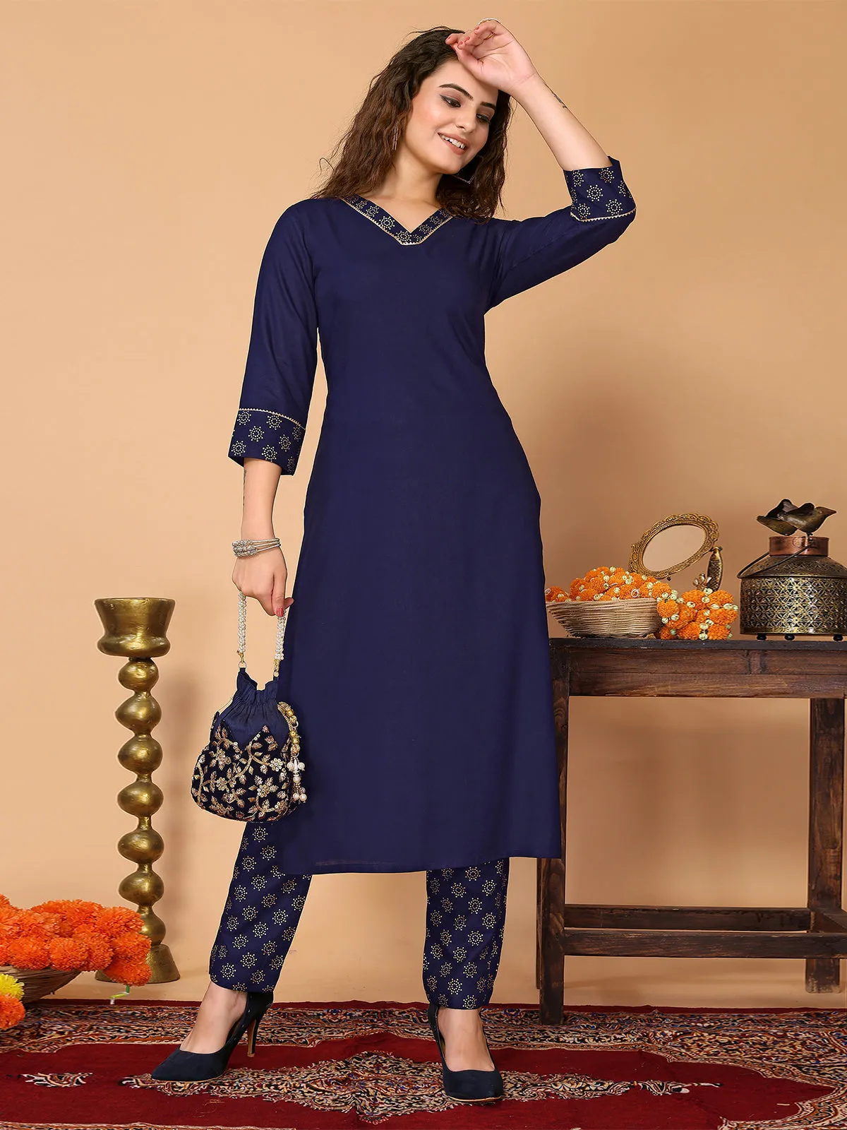 Odette Navy Blue Rayon Solid Straight Kurta Set For Women