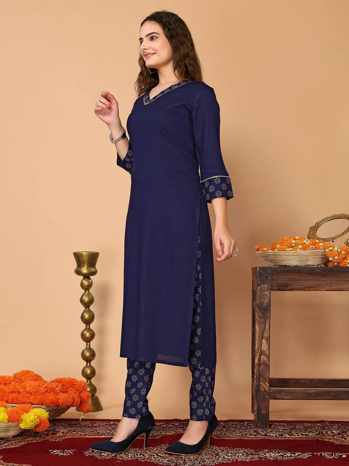 Odette Navy Blue Rayon Solid Straight Kurta Set For Women