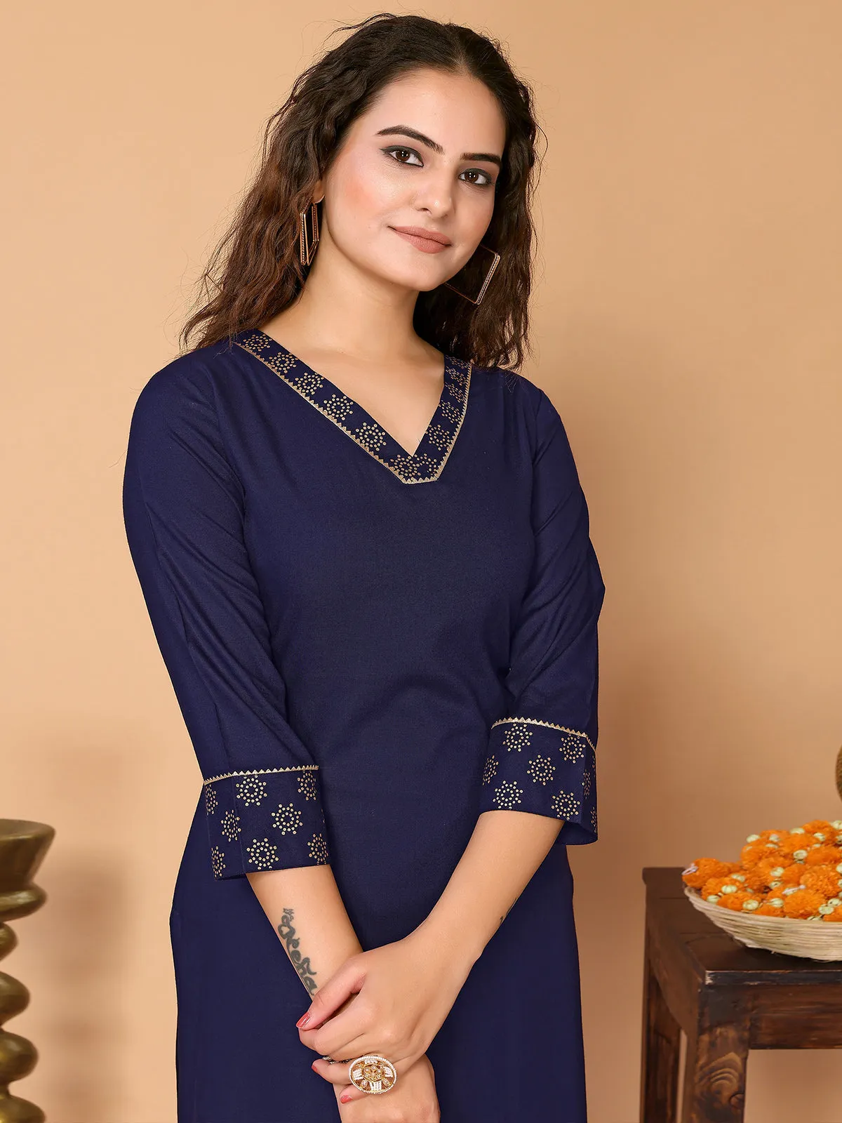 Odette Navy Blue Rayon Solid Straight Kurta Set For Women