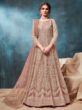 Odette Peach Net Embroidered Semi stitched Kurta Set with Inner For Women