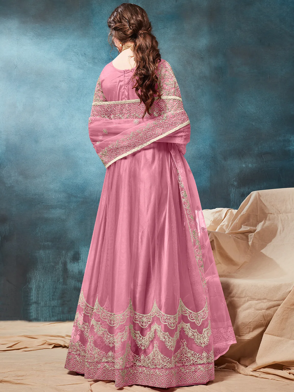 Odette Pink Net Embroidered Semi stitched Kurta Set with Inner For Women