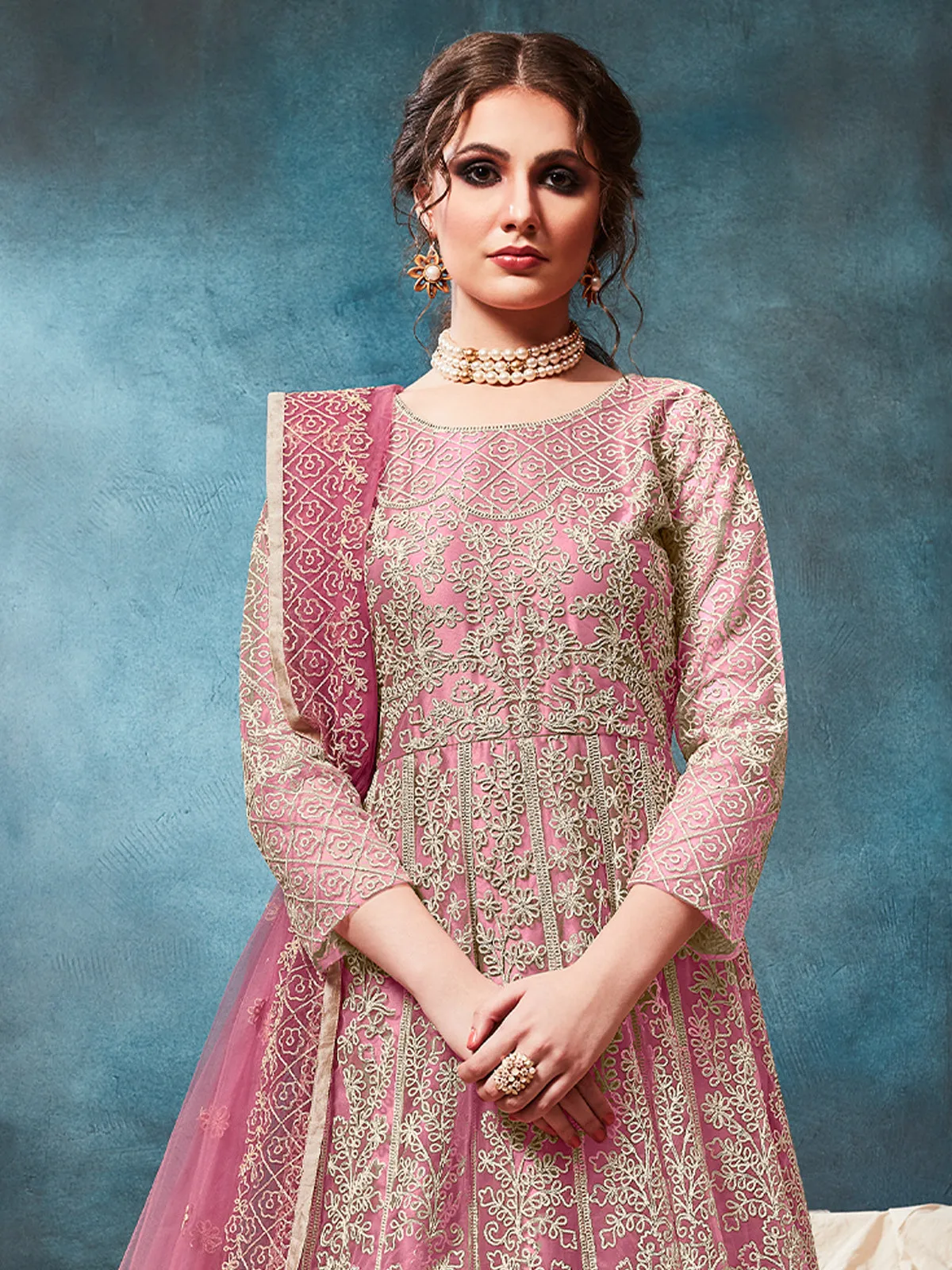 Odette Pink Net Embroidered Semi stitched Kurta Set with Inner For Women