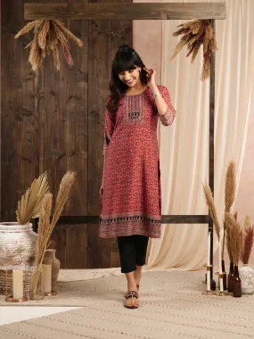 Odette Red Muslin Printed Stitched Kurta for Women