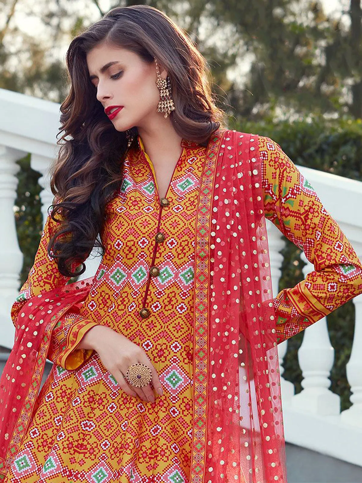 Odette Red Silk Printed Stitched Kurta Set For Women