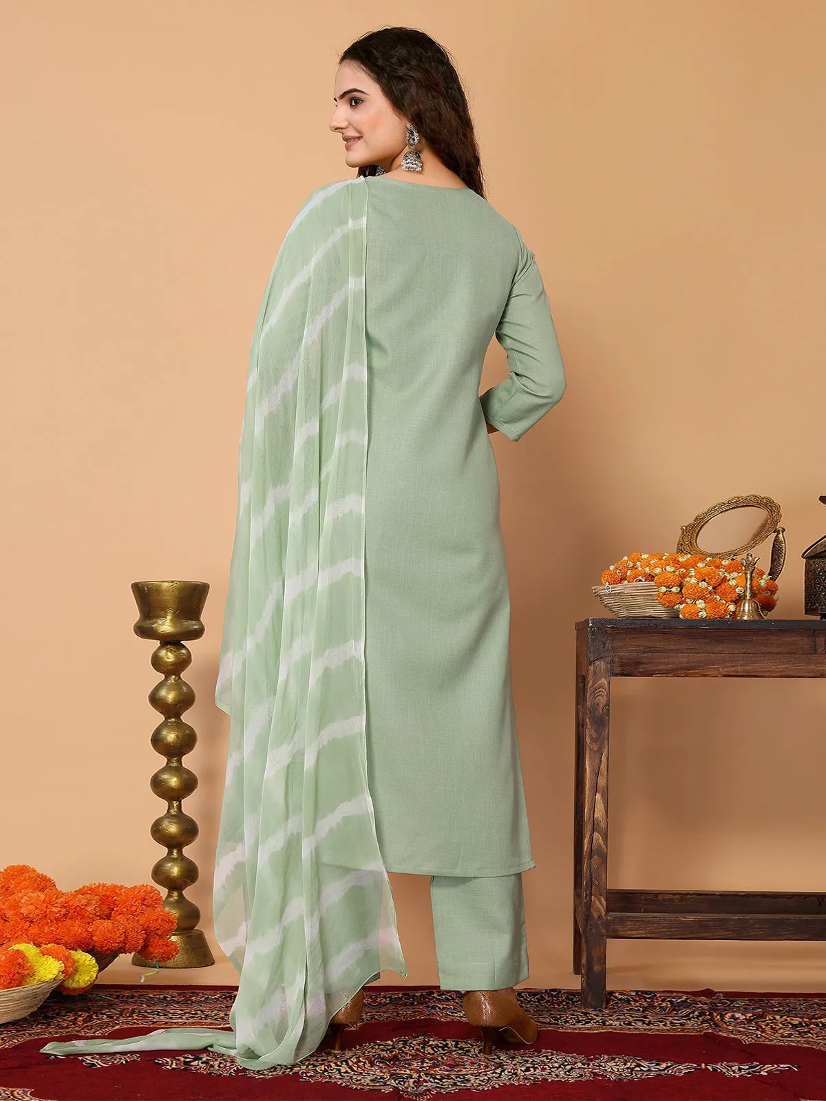 Odette Sea Green Cotton Blend Embroidered Stitched Kurta Set For Women