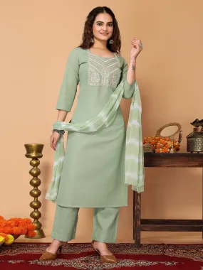 Odette Sea Green Cotton Blend Embroidered Stitched Kurta Set For Women