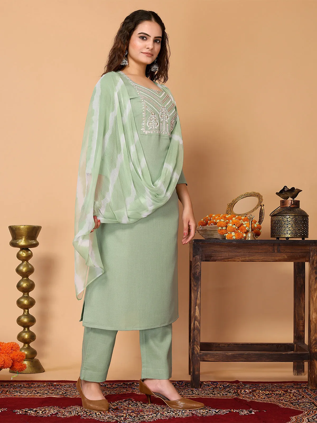 Odette Sea Green Cotton Blend Embroidered Stitched Kurta Set For Women