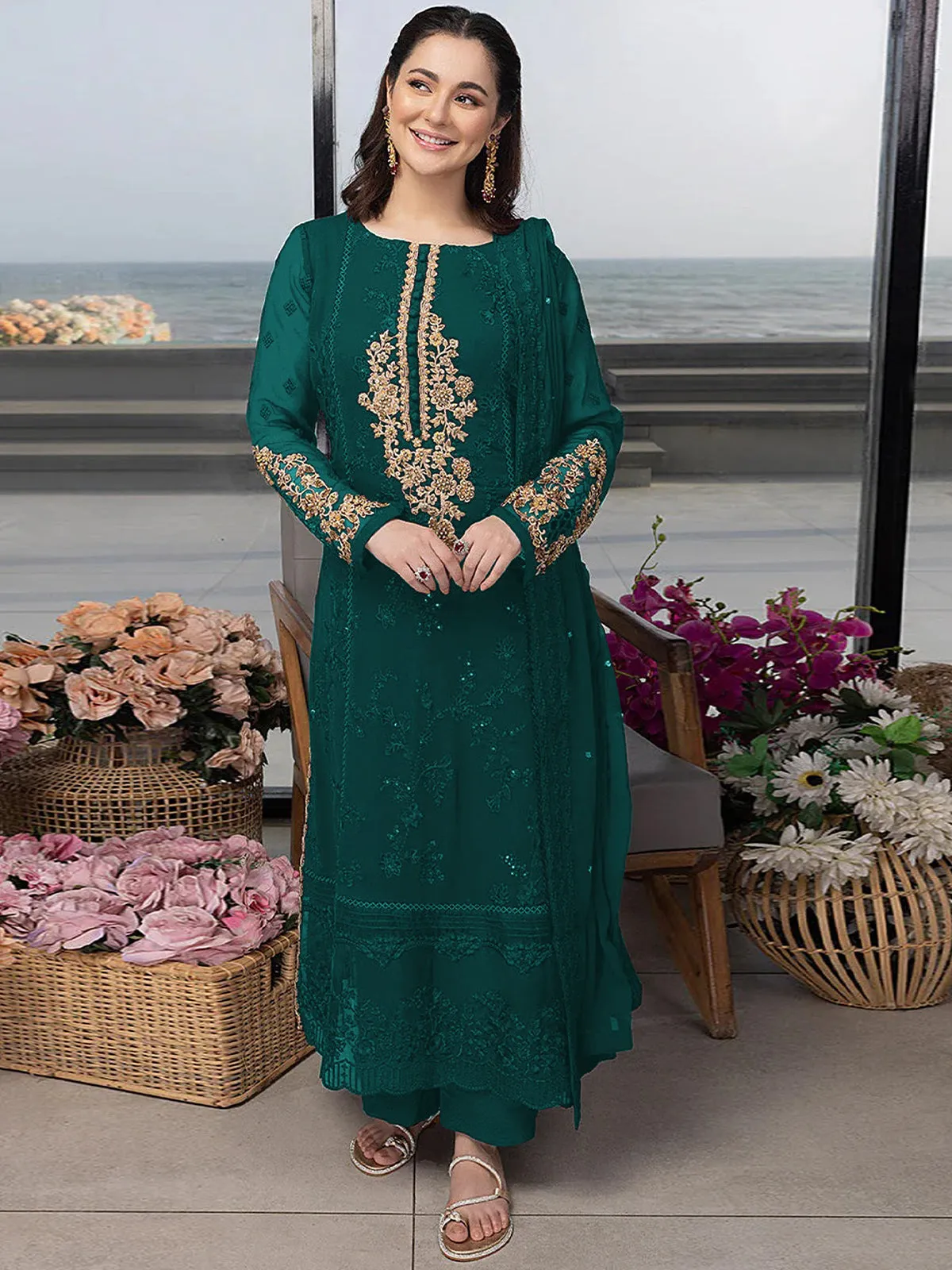 Odette Teal Georgette Embroidered Semi stitched Kurta Set For Women