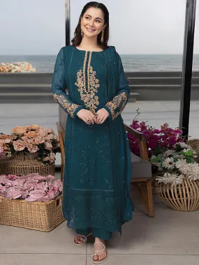 Odette Teal Georgette Embroidered Semi Stitched Kurta Set For Women