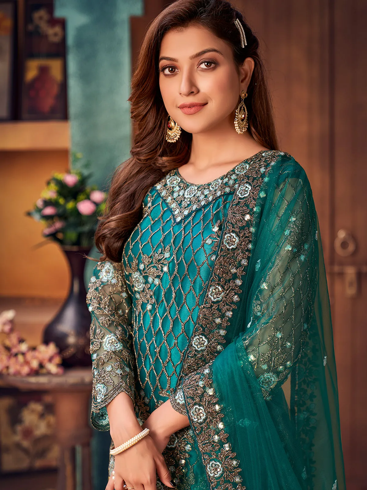 Odette Teal Net Embroidered Semi stitched Kurta Set with Inner For Women