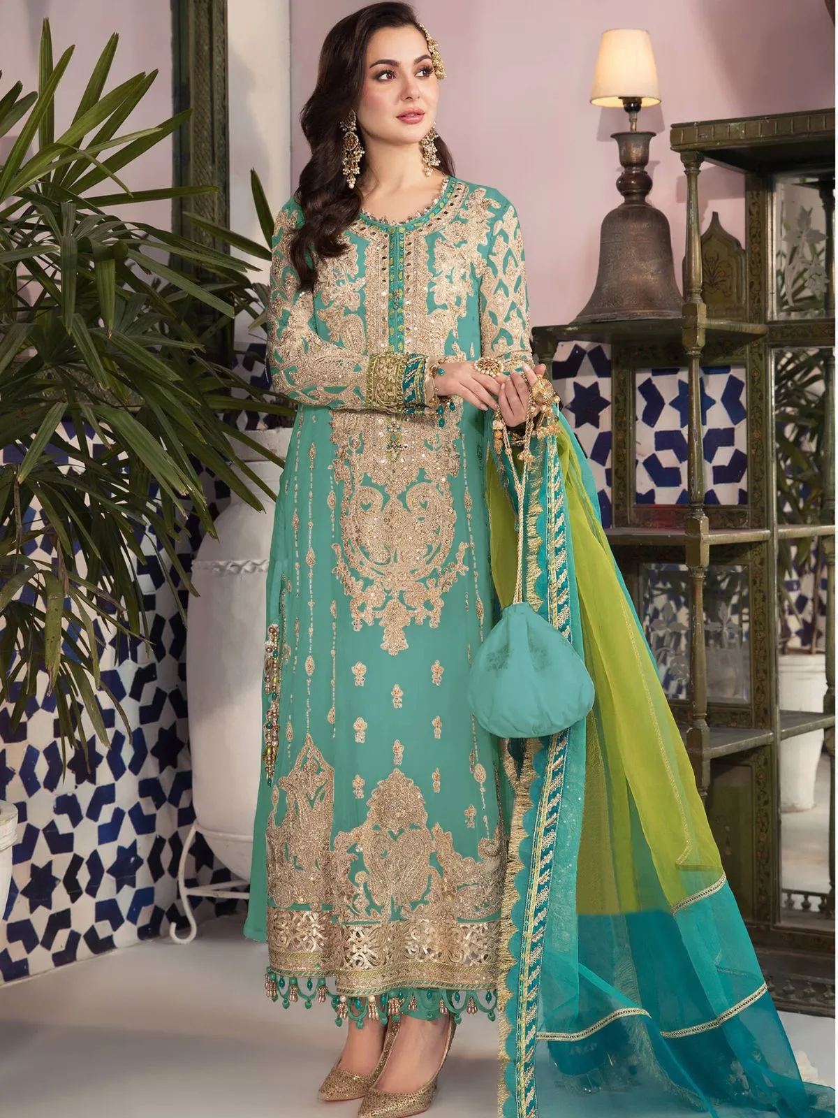 Odette Turquoise Faux Georgette Embroidered Semi Stitched Kurta Set For Women