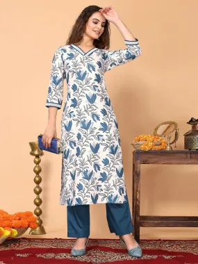 Odette White Cotton Blend Printed Straight Kurta Set For Women