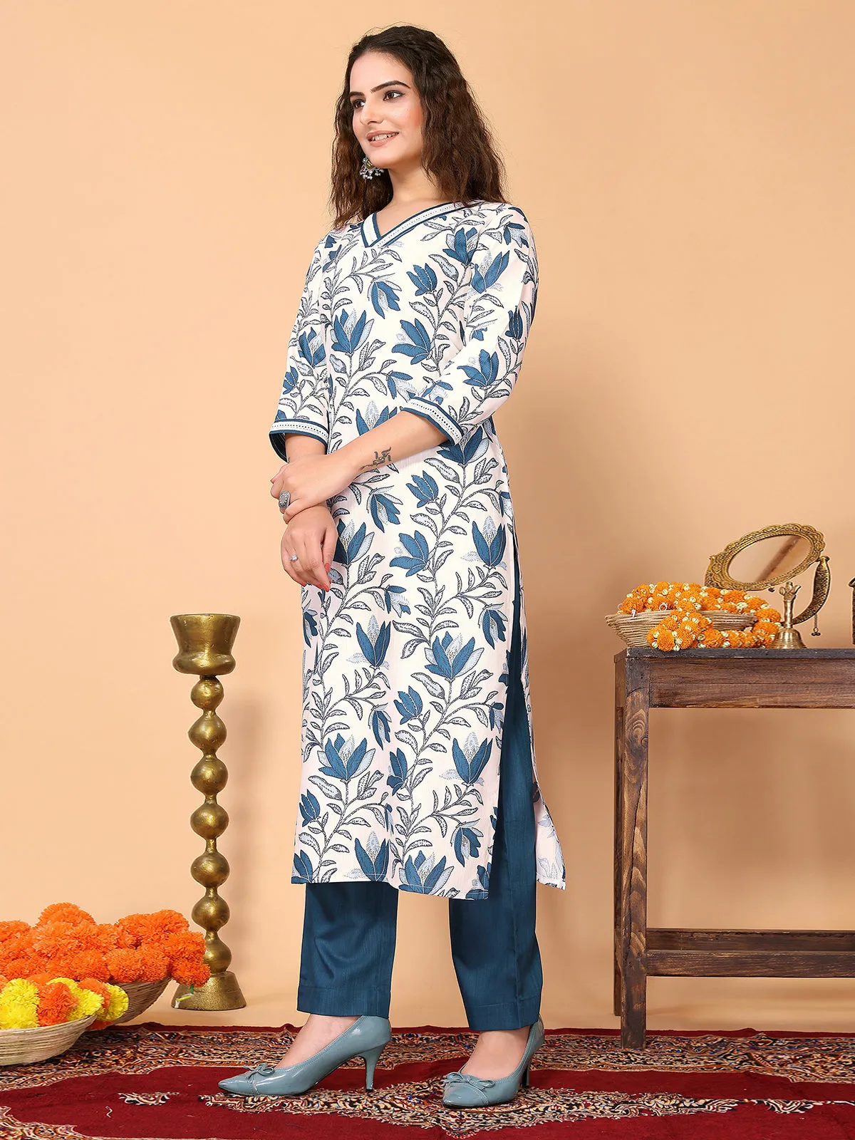 Odette White Cotton Blend Printed Straight Kurta Set For Women