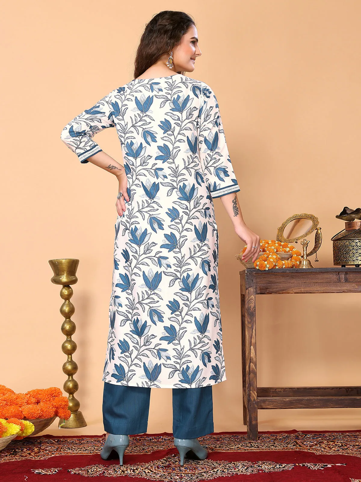 Odette White Cotton Blend Printed Straight Kurta Set For Women