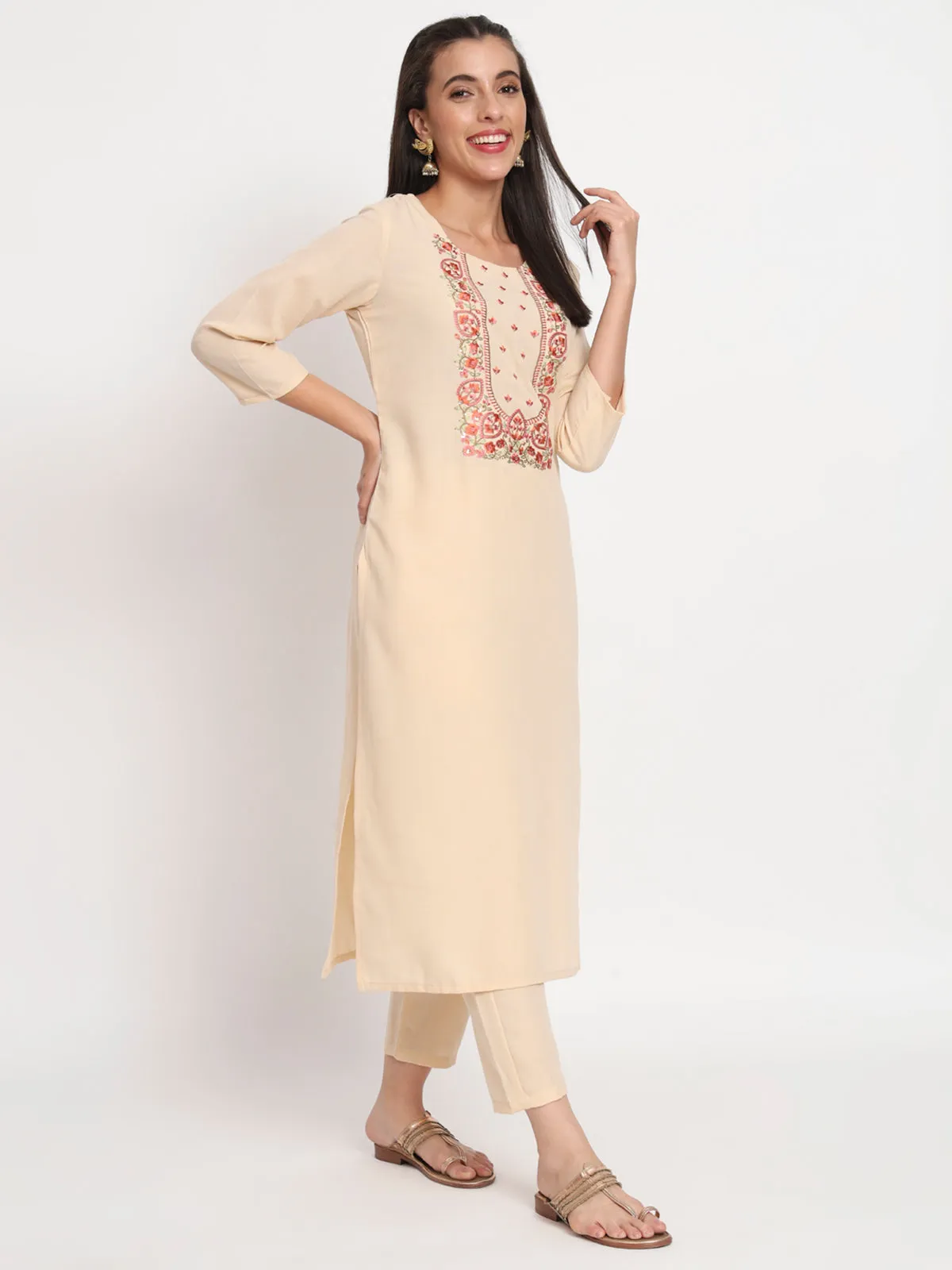 Odette Women Beige Cotton Blend Embroidered Stitched Kurta Set