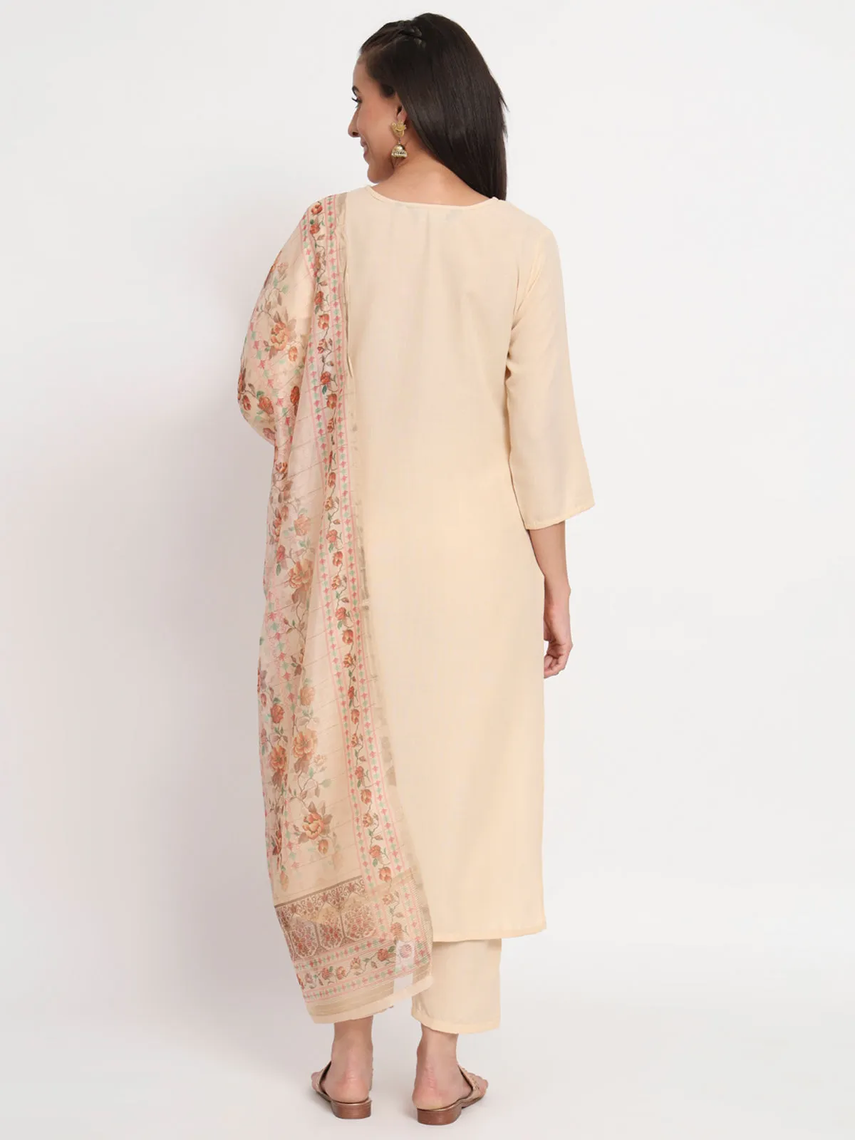 Odette Women Beige Cotton Blend Embroidered Stitched Kurta Set