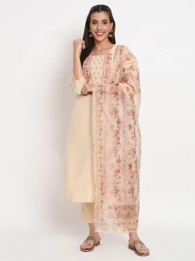 Odette Women Beige Cotton Blend Embroidered Stitched Kurta Set