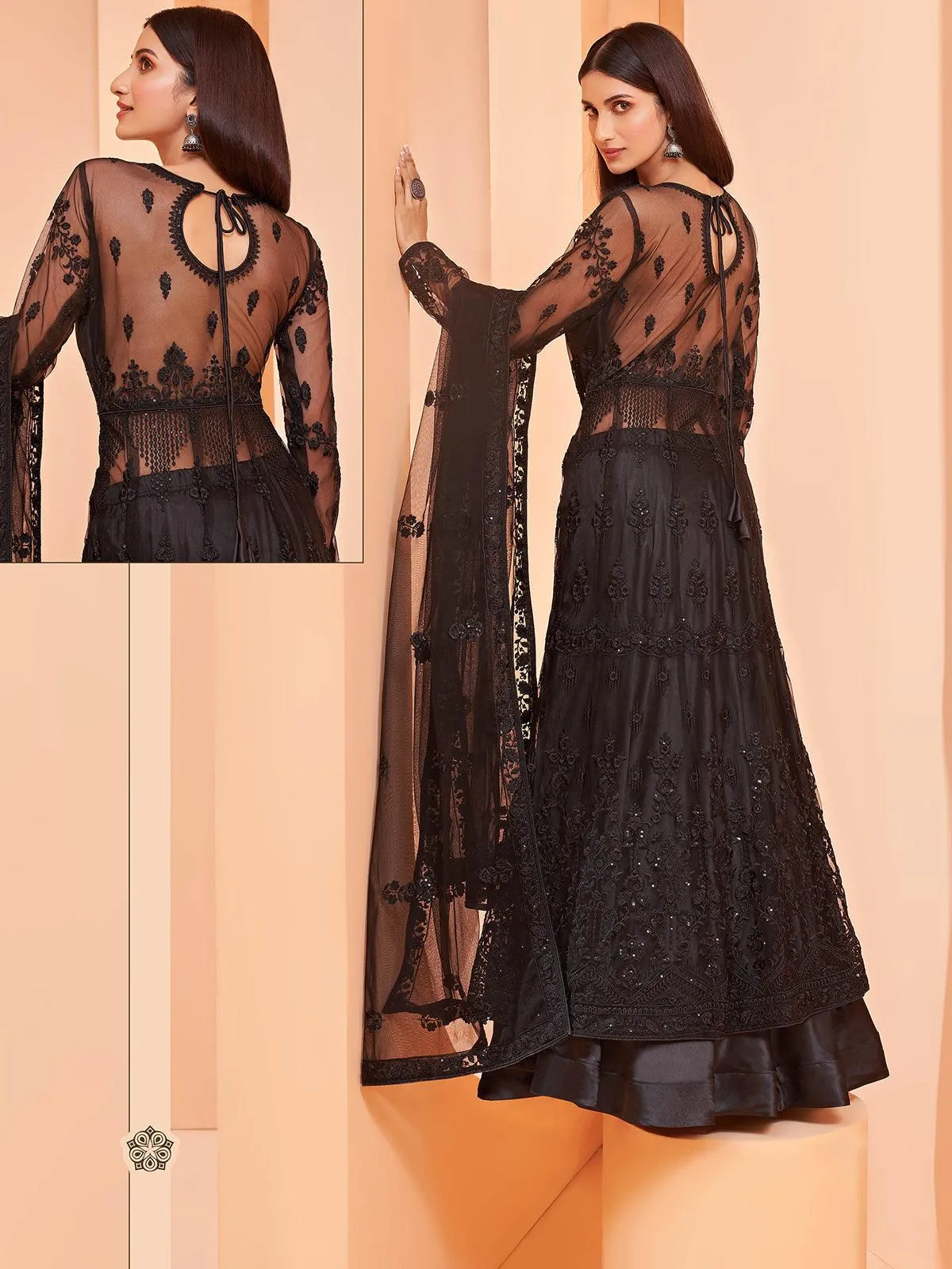 Odette Women Black Color Net Base Designer Anarkali Semi Stitched Suit