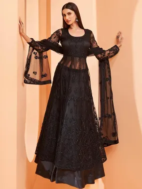 Odette Women Black Color Net Base Designer Anarkali Semi Stitched Suit