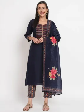 Odette Women Blue Cotton Blend Embroidered Stitched Kurta Set