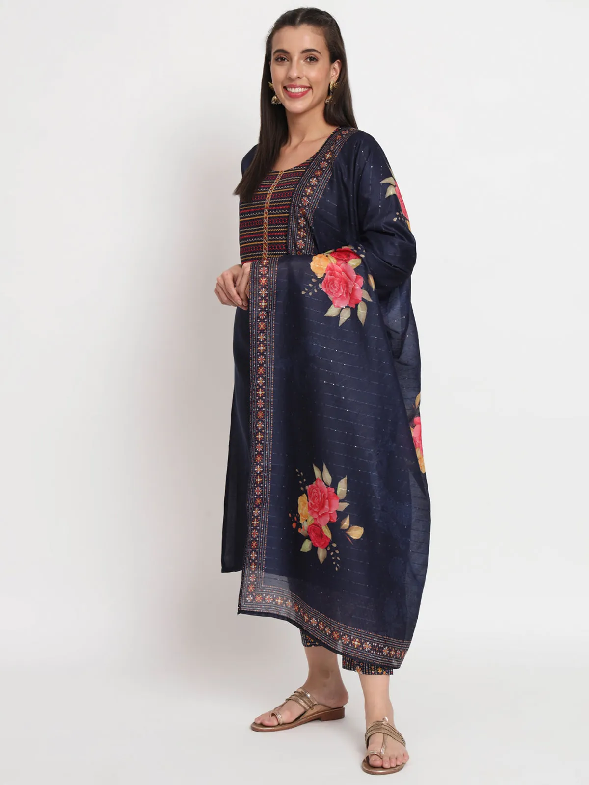 Odette Women Blue Cotton Blend Embroidered Stitched Kurta Set