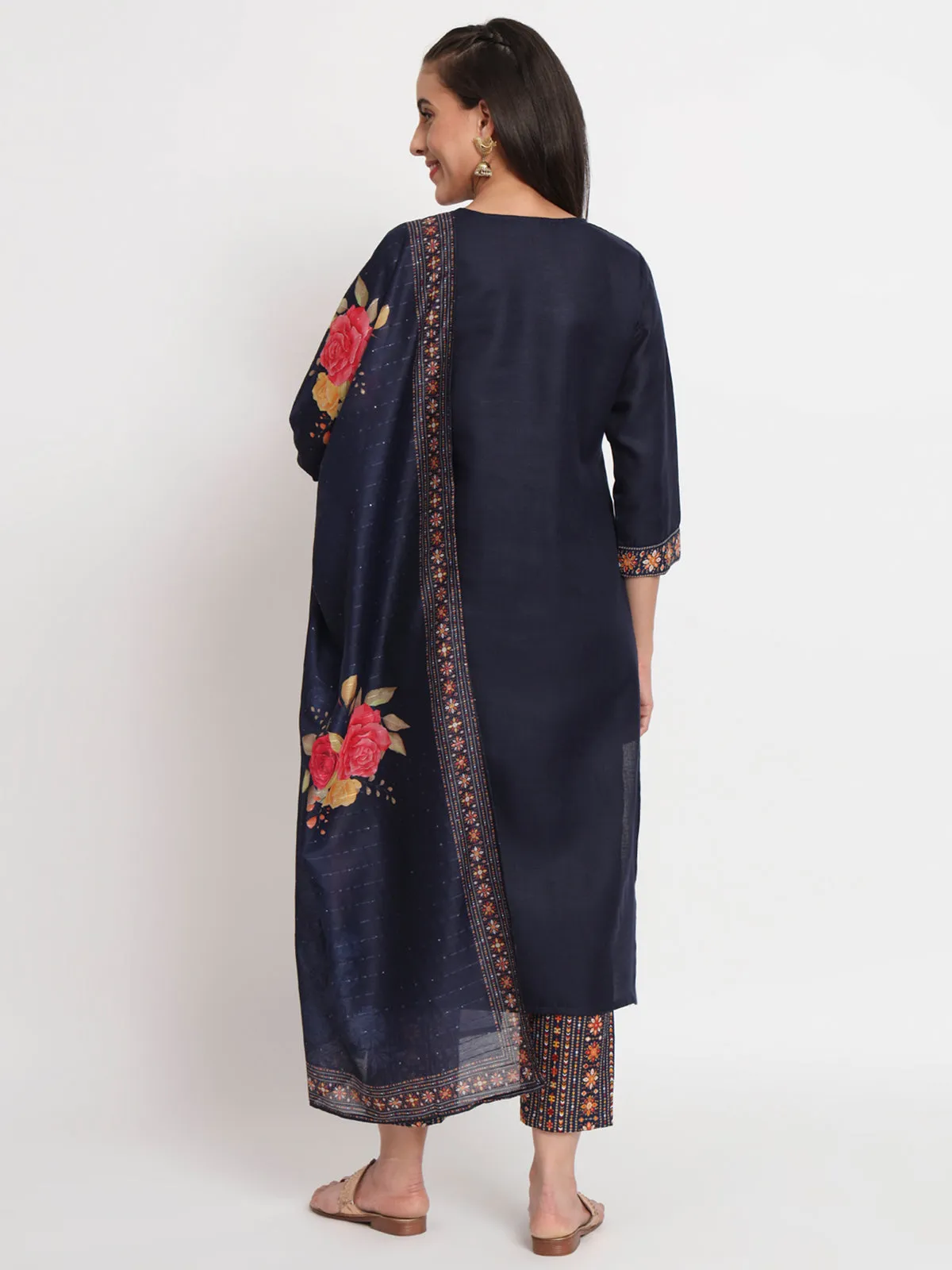 Odette Women Blue Cotton Blend Embroidered Stitched Kurta Set