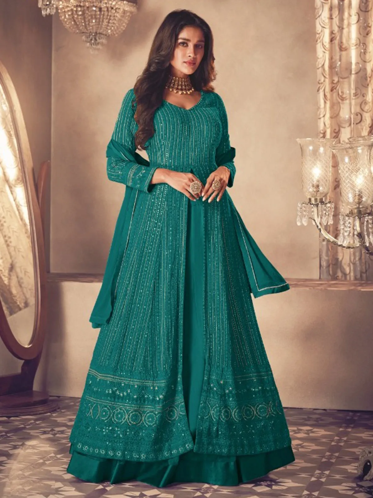 Odette Women Blue Faux Georgette Semi Stitched Kurta Set