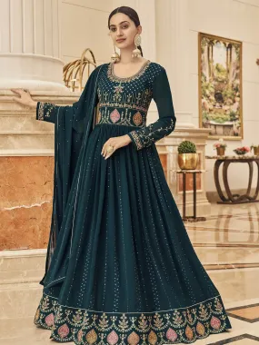 Odette Women Dark Green Floor Length Anarkali Semi Stitched Kurta