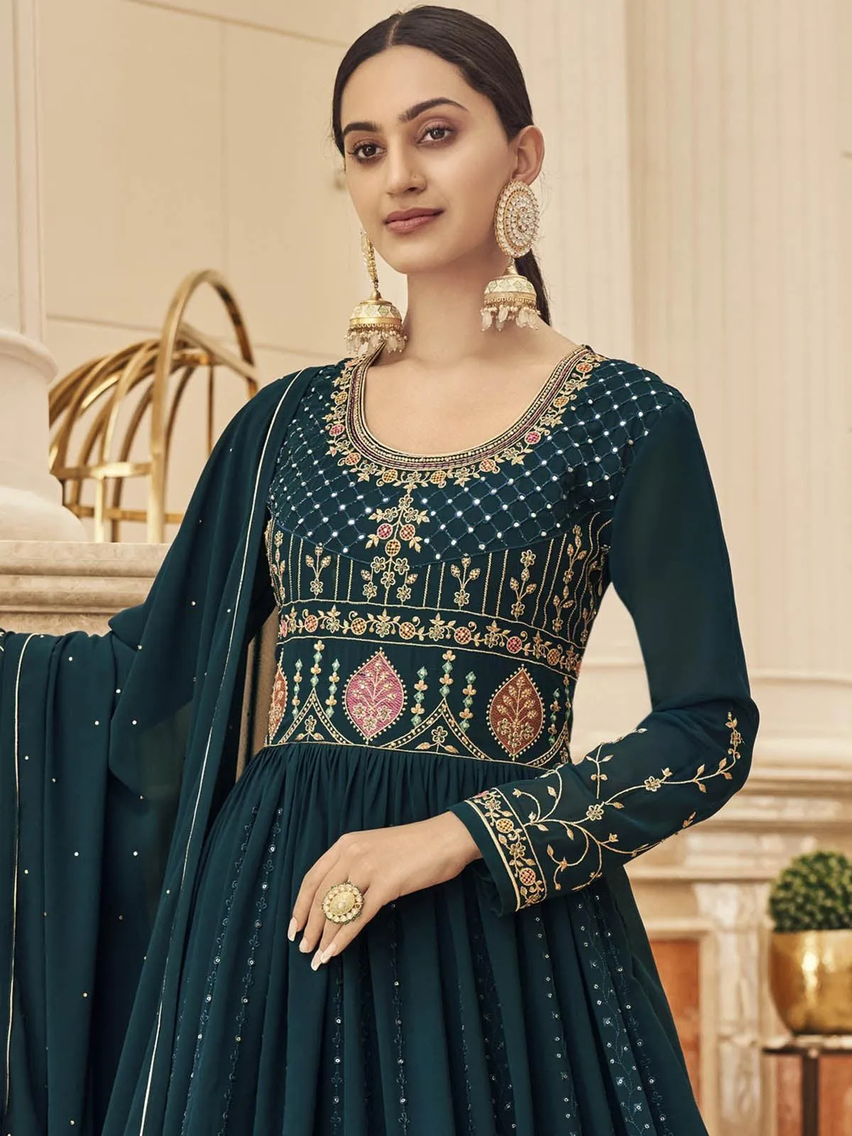 Odette Women Dark Green Floor Length Anarkali Semi Stitched Kurta