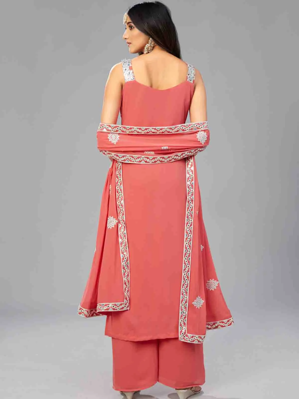 Odette Women Elegant Red Orange Semi Stitched Kurta Set