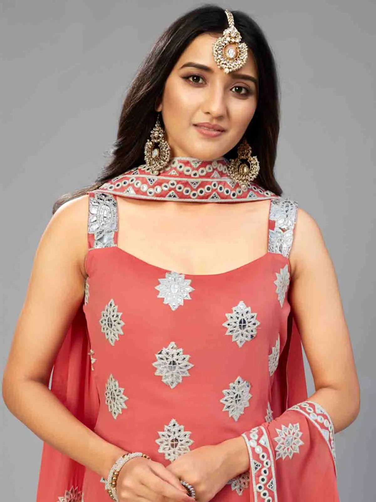 Odette Women Elegant Red Orange Semi Stitched Kurta Set