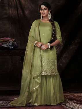 Odette Women Fancy Green Semi Stitched Kurta Set