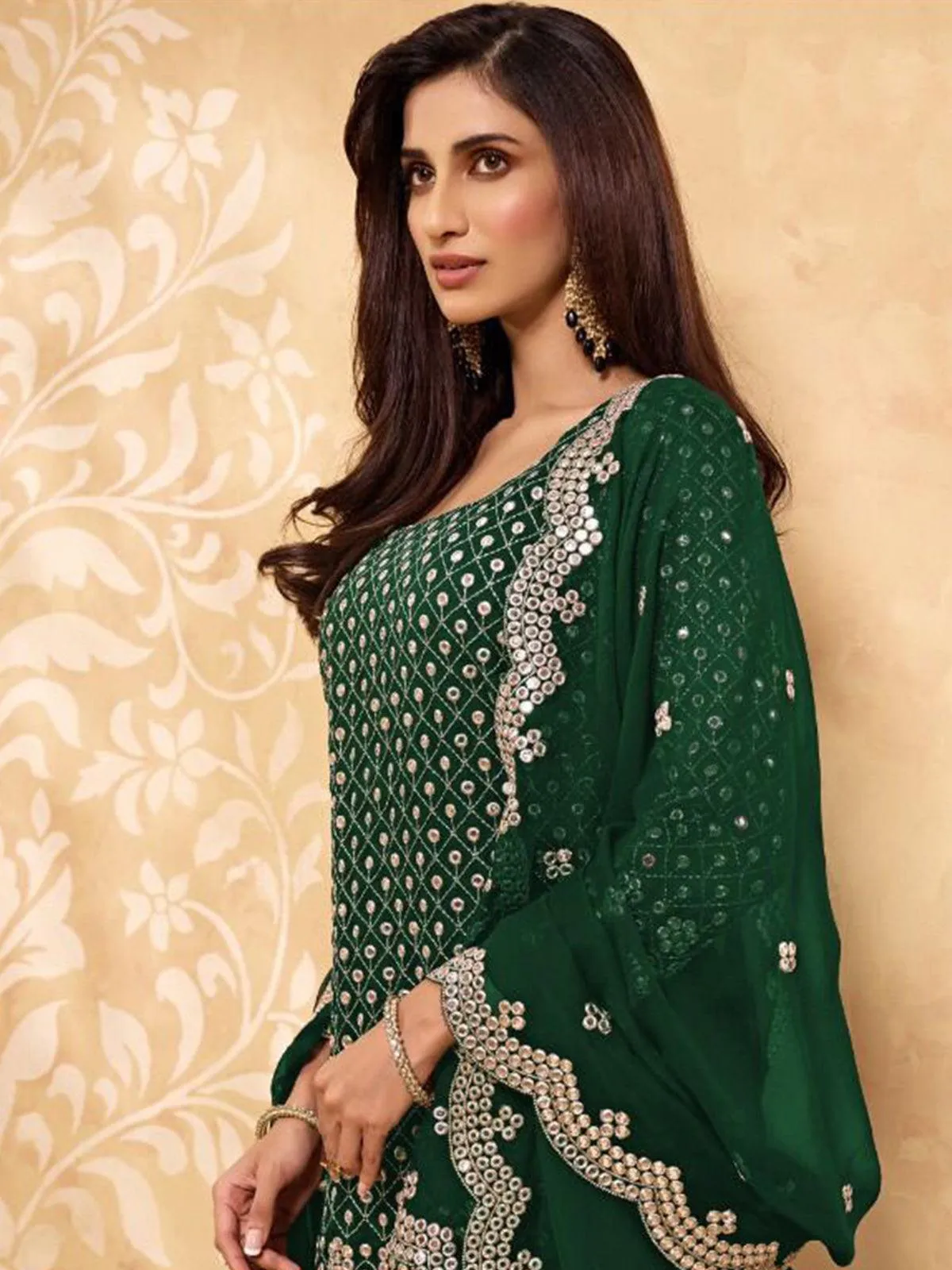 Odette Women Green Color Heavy Designer Faux Georgette Plaazo Semi Stitched Suit