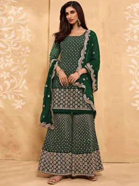 Odette Women Green Color Heavy Designer Faux Georgette Plaazo Semi Stitched Suit