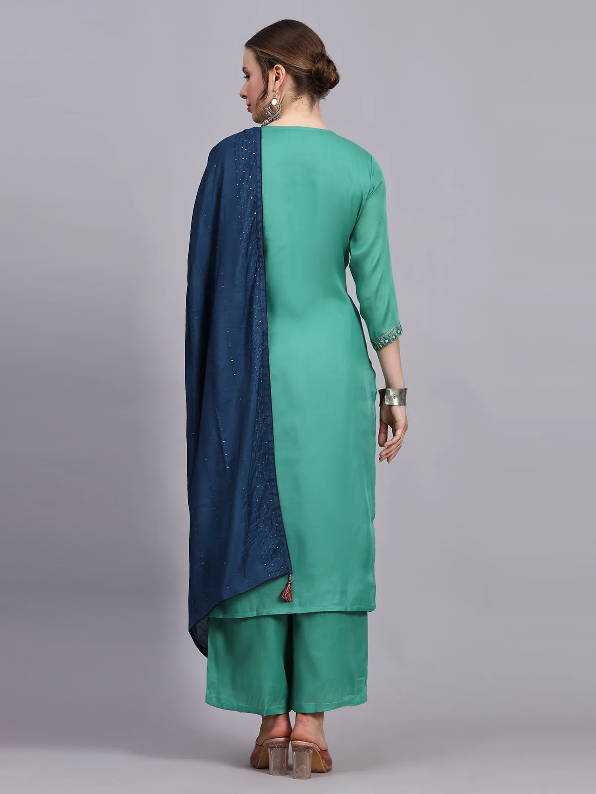 Odette Women Green Viscose Embroidered Stitched Kurta Set