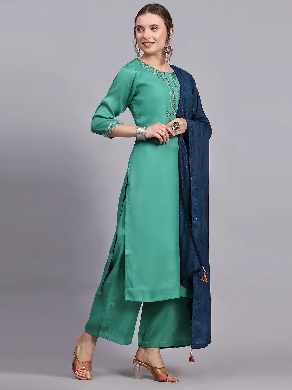 Odette Women Green Viscose Embroidered Stitched Kurta Set