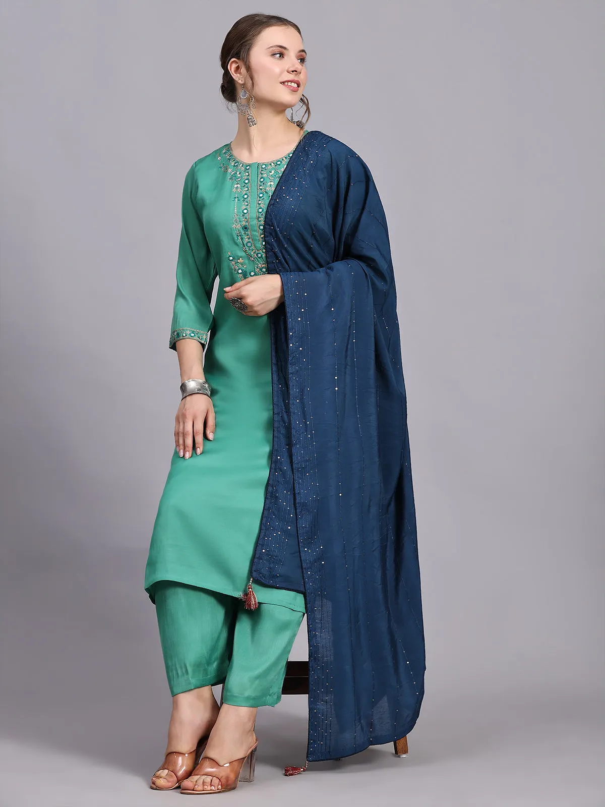 Odette Women Green Viscose Embroidered Stitched Kurta Set