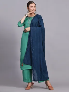 Odette Women Green Viscose Embroidered Stitched Kurta Set