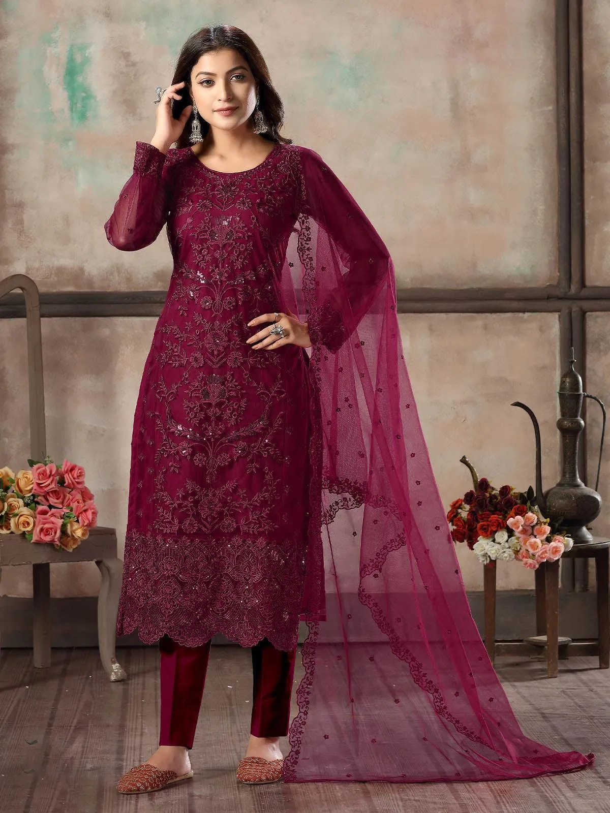 Odette Women Maroon Net Semi Stitched Salwar Suit