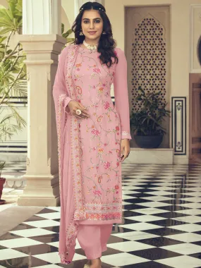 Odette Women Pink Faux Georgette Semi Stitched Kurta Set