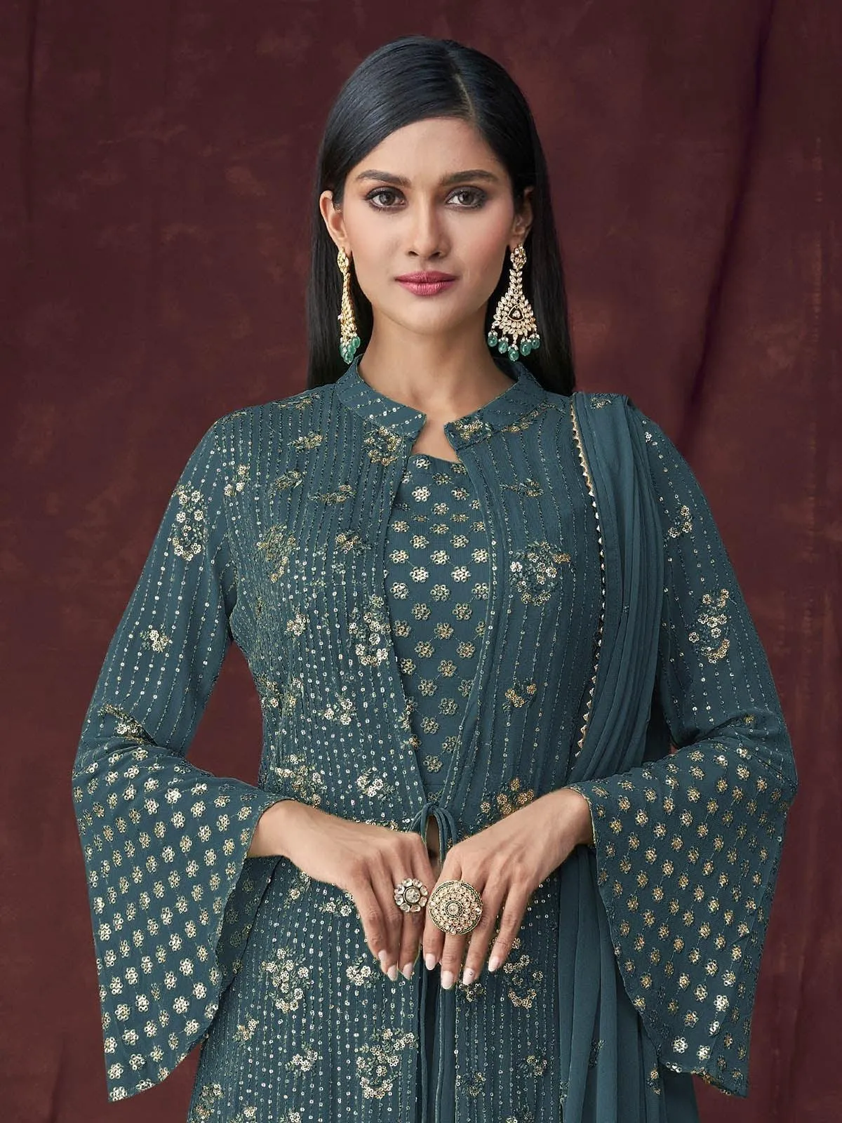 Odette Women Teal Semi Stitched Kurta Set With Overlay